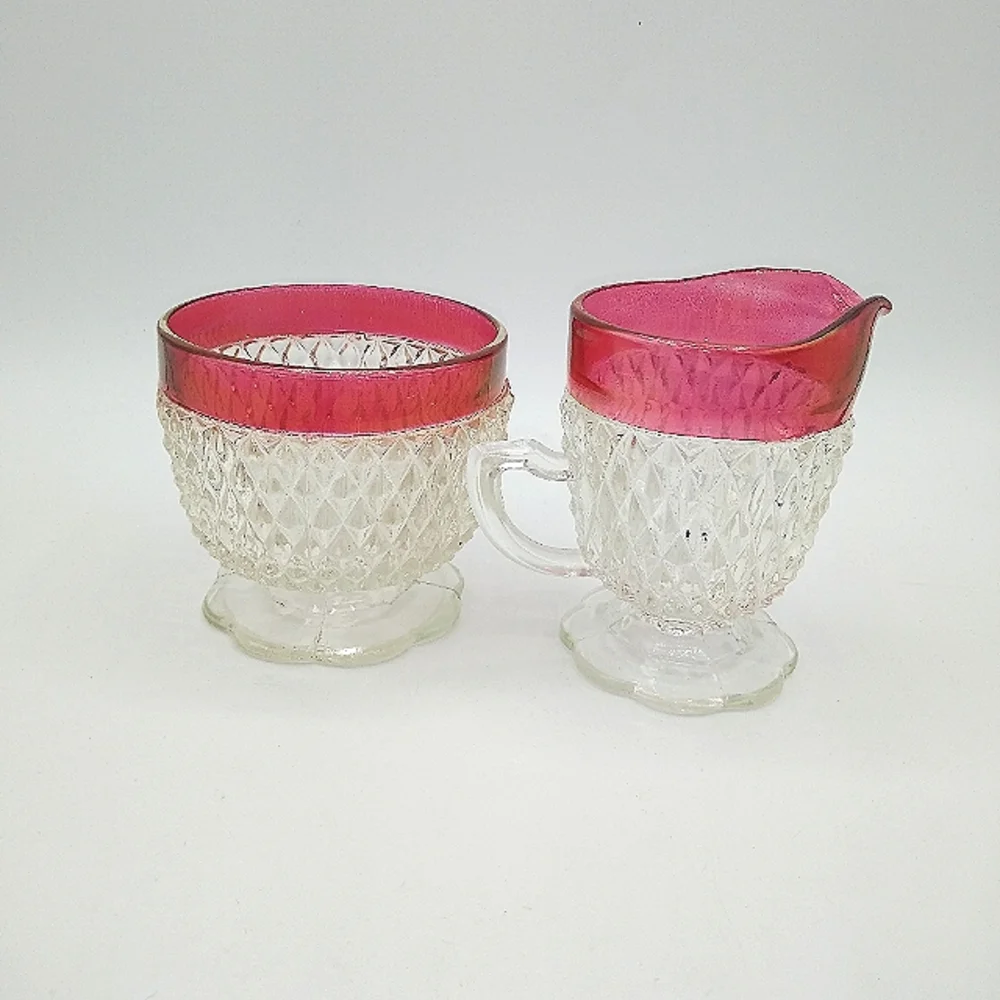 Indiana Glass Ruby Flash Diamond Point Pressed Glass Creamer Sugar Bowl Vintage